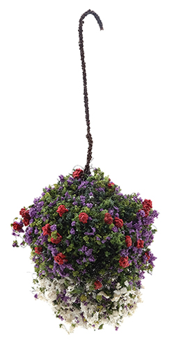 Dollhouse Miniature Hanging Basket: Red-Purple-White, Large